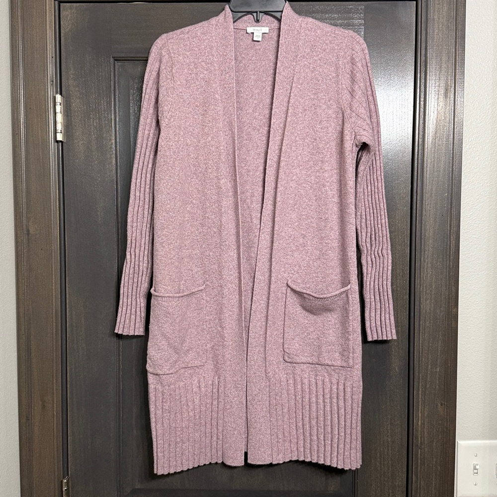 Pure Jill Lilac Knit Ribbed Open Front Long Cardigan S Cotton blend S